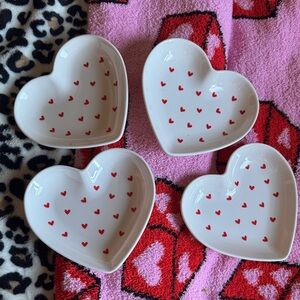 Valentines Day Heart-Shaped White Dishes with Red Hearts
